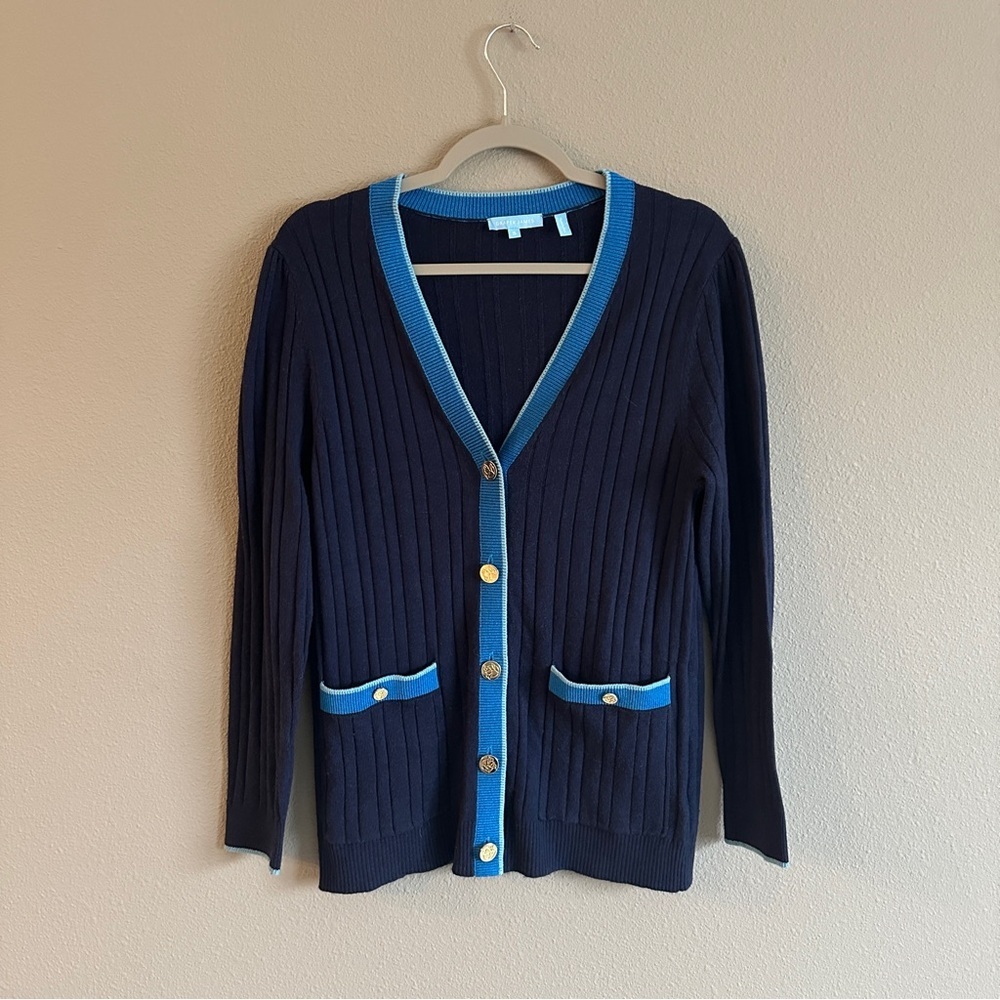 Draper James Navy Blue Ribbed Long Cardigan Small